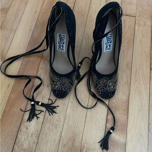 Salvatore Ferragamo black velvet pumps with ankle ties and gold embellishments